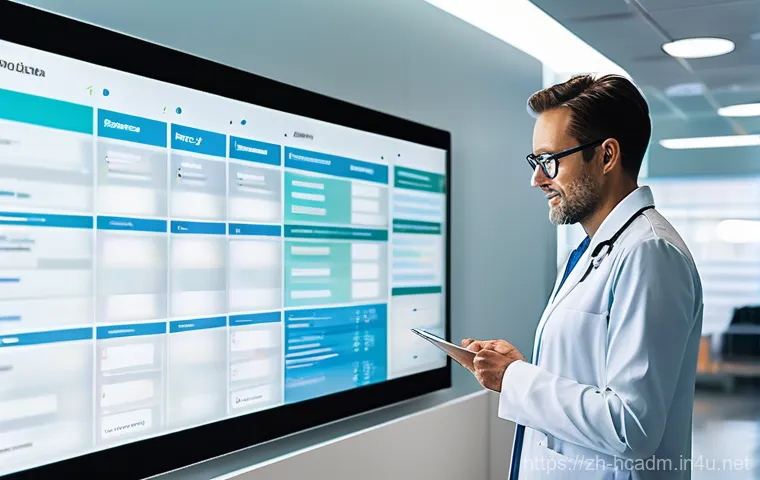 보건의료행정사와 업무 자동화 툴 - **Prompt:** A diverse group of modern administrative staff members in a bright, futuristic hospital ...