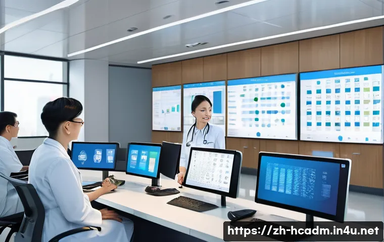 보건의료행정사와 병원 운영 프로세스 - A modern hospital administrative office scene showing a diverse team of medical administrators coord...