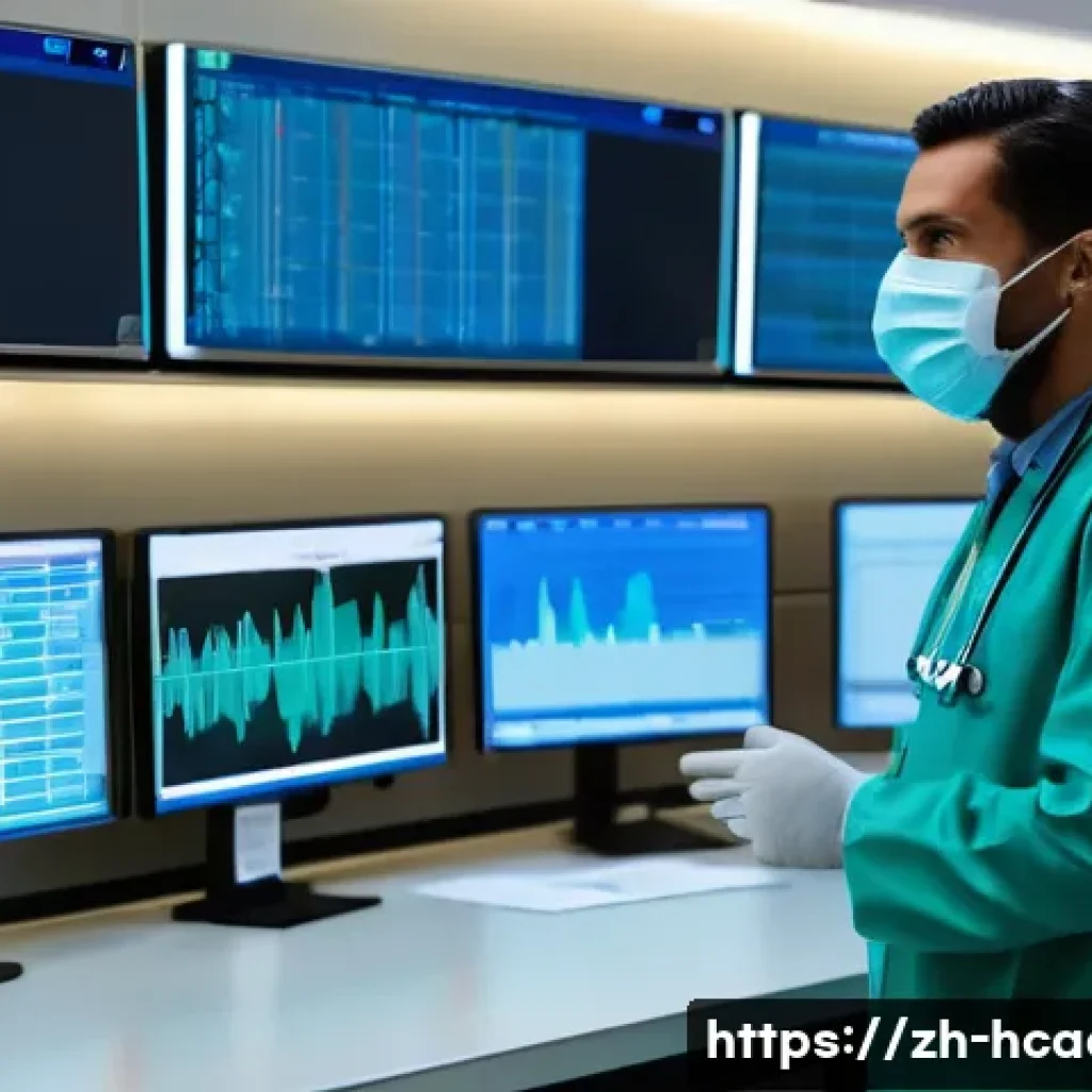 보건의료행정사 직무별 주요 업무 - A modern hospital control room scene showing a healthcare administrator coordinating medical equipme...