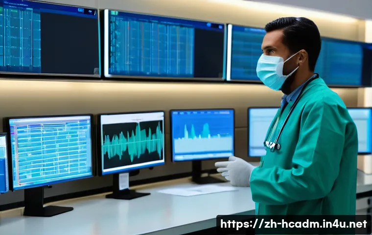 보건의료행정사 직무별 주요 업무 - A modern hospital control room scene showing a healthcare administrator coordinating medical equipme...