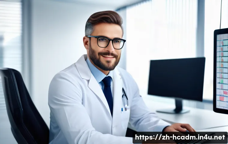 보건의료행정사와 병원코디네이터 비교 - A professional medical administrator in a modern hospital office environment, focused on analyzing d...
