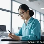 보건의료행정사 실무 경험 쌓는 법 - A modern hospital administrative office scene showing a young Chinese intern wearing professional bu...