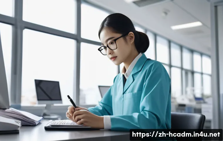보건의료행정사 실무 경험 쌓는 법 - A modern hospital administrative office scene showing a young Chinese intern wearing professional bu...