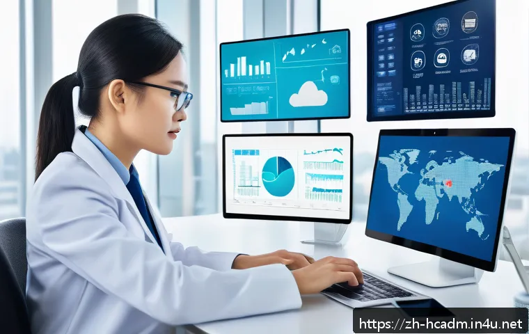 보건의료행정사 관련 최신 뉴스 및 동향 - A modern healthcare administrative professional in a bright, organized office environment, using mul...
