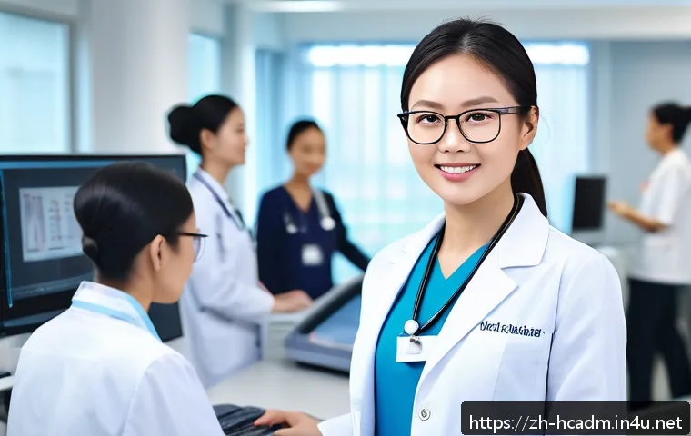 보건의료행정사 현업과 자격증 활용법 - A professional healthcare administrator in a modern hospital setting, wearing business casual attire...