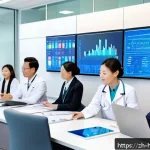 보건의료행정사와 데이터 관리 스킬 - A modern hospital management office scene showing a diverse team of healthcare administrators analyz...