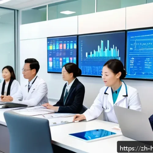보건의료행정사와 데이터 관리 스킬 - A modern hospital management office scene showing a diverse team of healthcare administrators analyz...