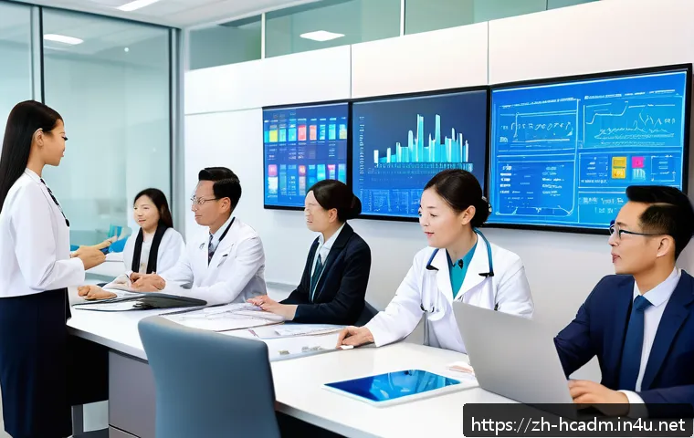 보건의료행정사와 데이터 관리 스킬 - A modern hospital management office scene showing a diverse team of healthcare administrators analyz...